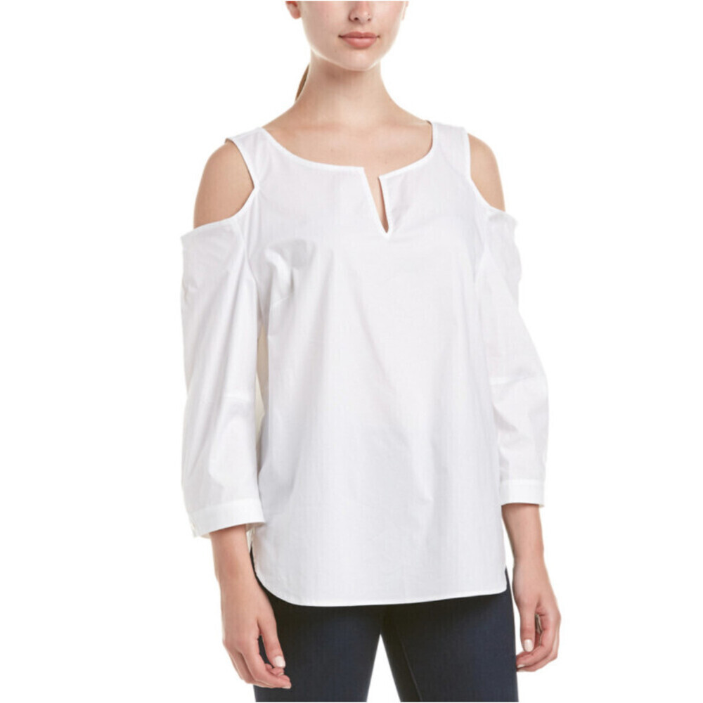 NYDJ Women's Cold Shoulder Cut-Out Split Neck Top In White Size S $147